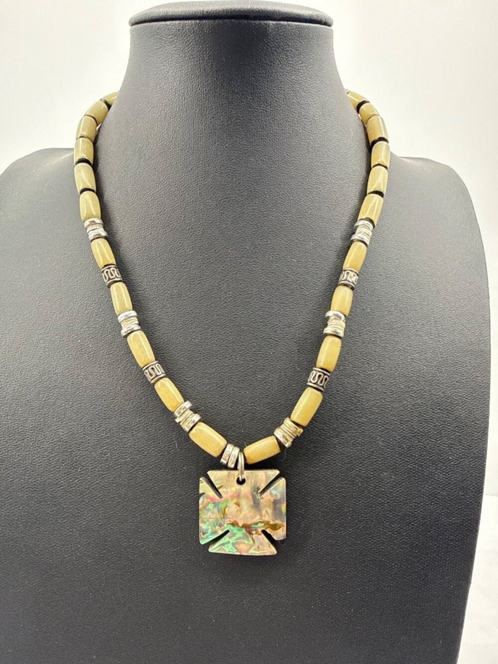 Artisan Boho Yellow Jasper Beaded Necklace Abalone Maltese Cross Pendant